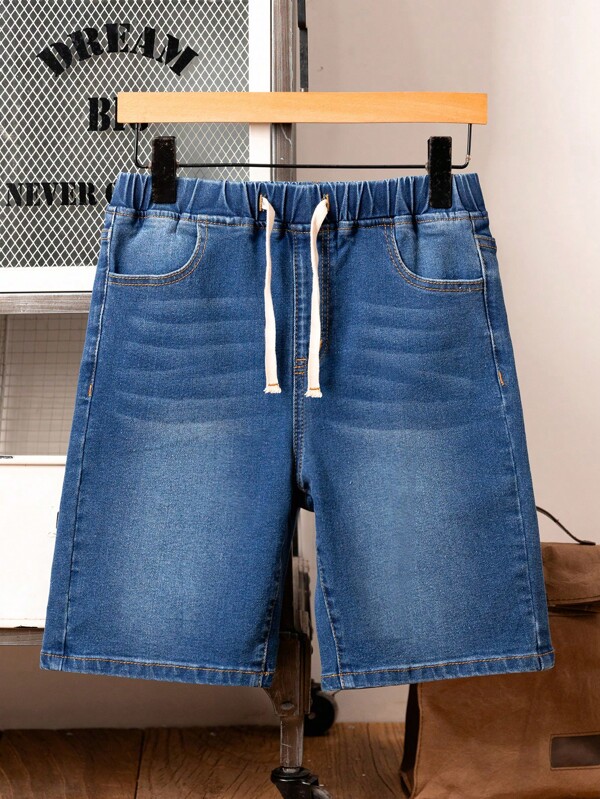 SHEIN Pantalones cortos vaqueros ajustados de cintura elástica y cordón, color azul oscuro, diseño casual para niño adolescente, ropa de costumbre, uso diario y ropa de primavera y verano para adolescentes