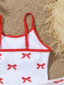 SHEIN Traje de baño de una pieza para niñas con decoración de lazo, ribete negro, pareo - Rojo - Ver 4