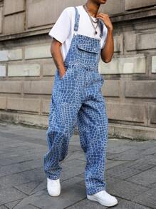 Manfinity Homme Men's All-Over Print Insert Pocket Casual Versatile Denim Bib Pants