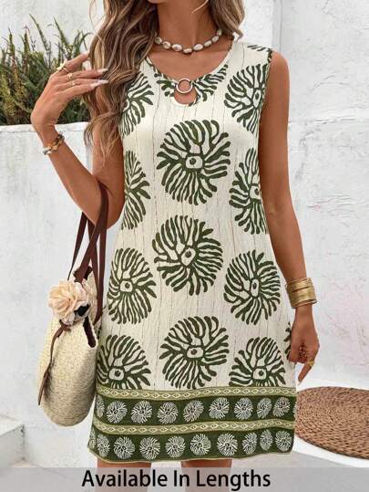 SHEIN PETITE CURVE 大码女式U领金属环装饰A字下摆复古印花休闲度假无袖连衣裙夏季