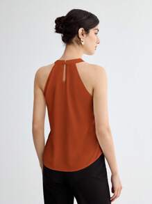 BizChic 女士纯色锁眼领优雅露背上衣，浪漫优雅，百搭，适合日常、商务休闲、办公室穿着、教师装、婚礼宾客装，秋季 - 棕色 - 查看 2