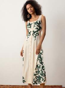 Maija 女士杏色和绿色夏季连衣裙，图案印花，前襟纽扣，方领，无袖，A 字廓形，宽松休闲版型，优雅海滩度假波西米亚风格中长连衣裙 - 杏色 - 查看 6