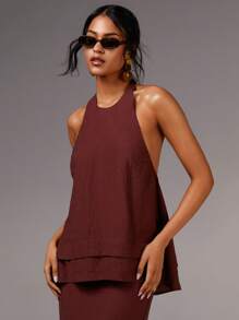 Athîral 女士性感纯色露背吊带上衣，夏季 - 酒紅色 - 查看 2