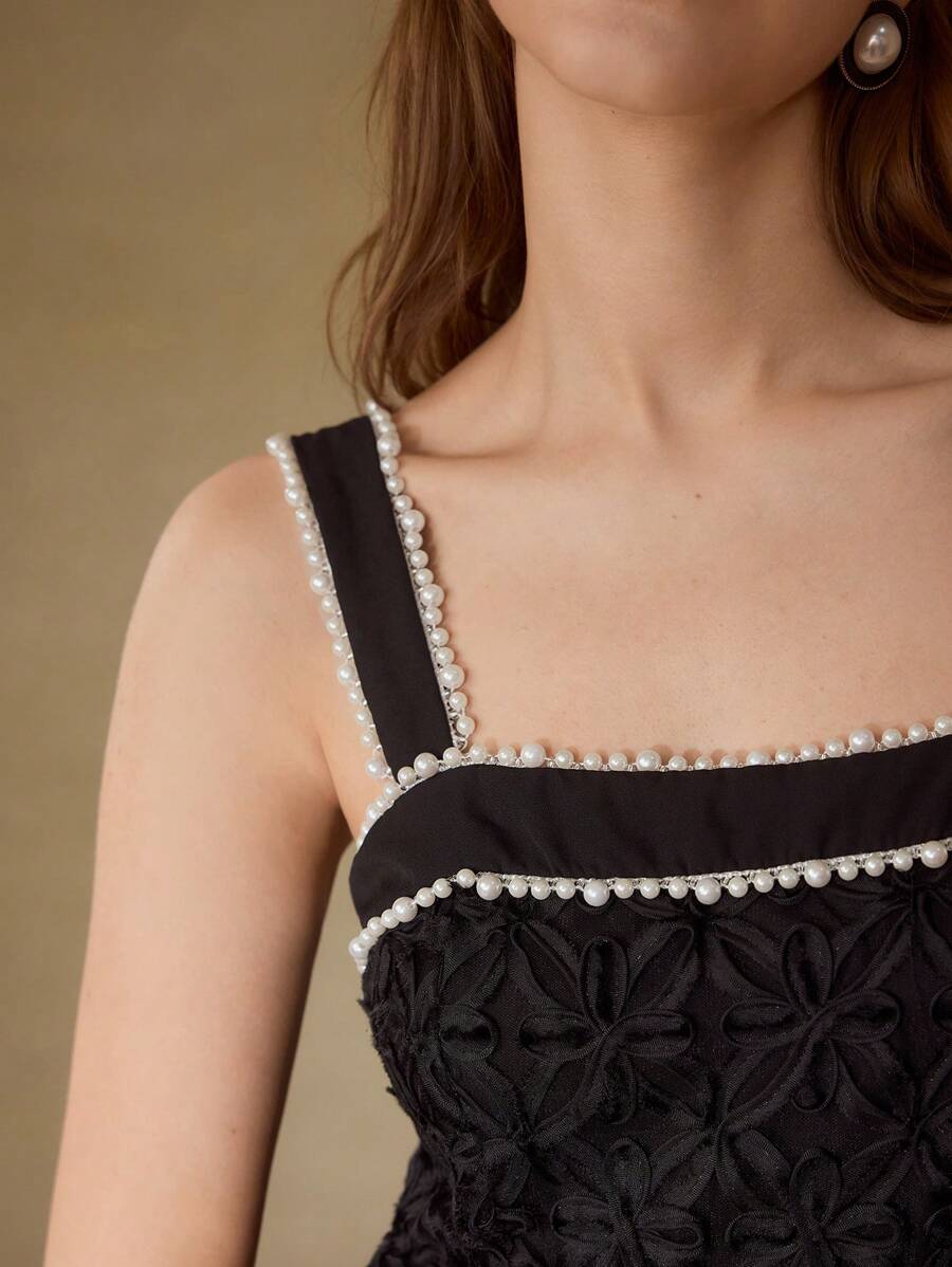 MOTF PREMIUM FAUX PEARL TRIM FLOWY DRESS - Black - View 2