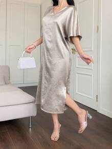 DAZY Solid Color Textured V-Neck Midi Dress For Women - Gold - View 8