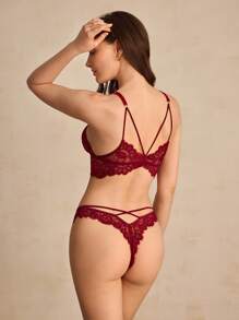 SHEIN 女士蕾丝拼布性感内衣套装 - 酒紅色 - 查看 1