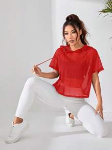 SHEIN Dewbera Áo nỉ lưới trùm đầu tay ngắn màu trơn cho nữ, thời trang cho mùa hè - Đỏ - Xem 5