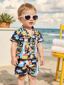 Boys' Hawaiian Floral Shirt And Shorts Set, Beach Resort Summer Outfit For Kids