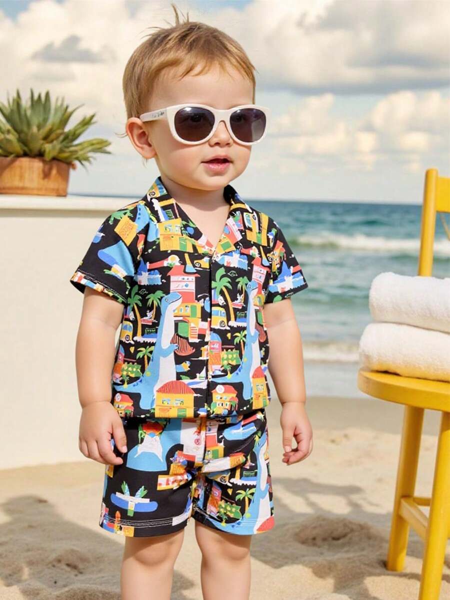 Boys' Hawaiian Floral Shirt And Shorts Set, Beach Resort Summer Outfit For Kids