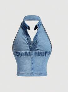 Comfortcana Áo denim hở vai cỡ lớn, thời trang cho mùa hè - Màu xanh lam - Xem 2