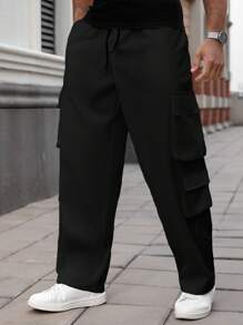 Manfinity Homme 大码男士简约休闲纯色抽绳腰工装裤 - 黑色 - 查看 6