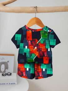 SHEIN 2pcs/Set Baby Boy Casual Cartoon Print Round Neck Short Sleeve Top & Shorts, Suitable For Summer