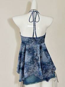 SHEIN ICON 女式性感复古露背挂脖衬衫，夏季 - 藍色 - 查看 2