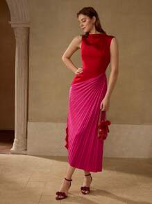 MOTF PREMIUM COLORBLOCK PLEATED DRESS - Red - View 1