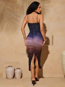 Vixey 渐变色网眼褶饰后开衩吊带中长连衣裙、度假连衣裙、春季连衣裙、夏季连衣裙 - 彩色 - 查看 2