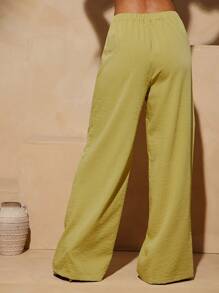 Vixey Pantalones anchos de satén arrugado sólido para vacaciones en la isla, verano para mujeres, brunch para mujeres, playa para mujeres, vacaciones en la playa, prendas inferiores de verano - Verde - Ver 4