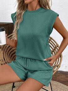 SHEIN LUNE Outdoor Sport Athleisure Trainingspak Dames Set van 2, Zomerse Gestructureerde Stof, Gewatteerde Schouders, T-shirt en Shorts