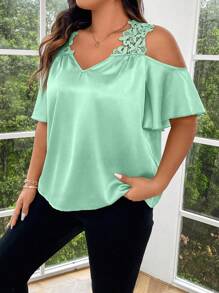 SHEIN Clasi Plus Size Women Contrast Lace Off Shoulder Short Sleeve Elegant Blouse
