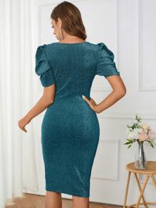 Ellevyn 女士优雅前扭褶泡泡袖连衣裙，夏季 - 水鴨藍 - 查看 2