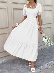 Breezaya Women's Solid Color Simple Daily Square Neck Short Sleeve Dress For New Year Clothes Maxi Vacation Beach Outfit