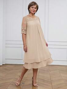 Miaspire 女士优雅层叠蕾丝拼布连衣裙 - 卡其色 - 查看 6