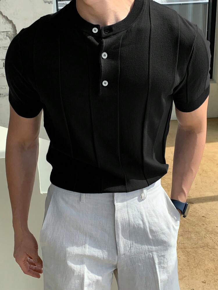 Men's Three-Quarter Collar Solid Color Knit Sweater For Summer,Back To School Clothes