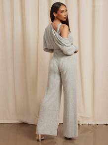 Vixey 2 Stücke Rippe Strick Weites Bein Ärmelloses Jumpsuit & Bolero Shirt Set