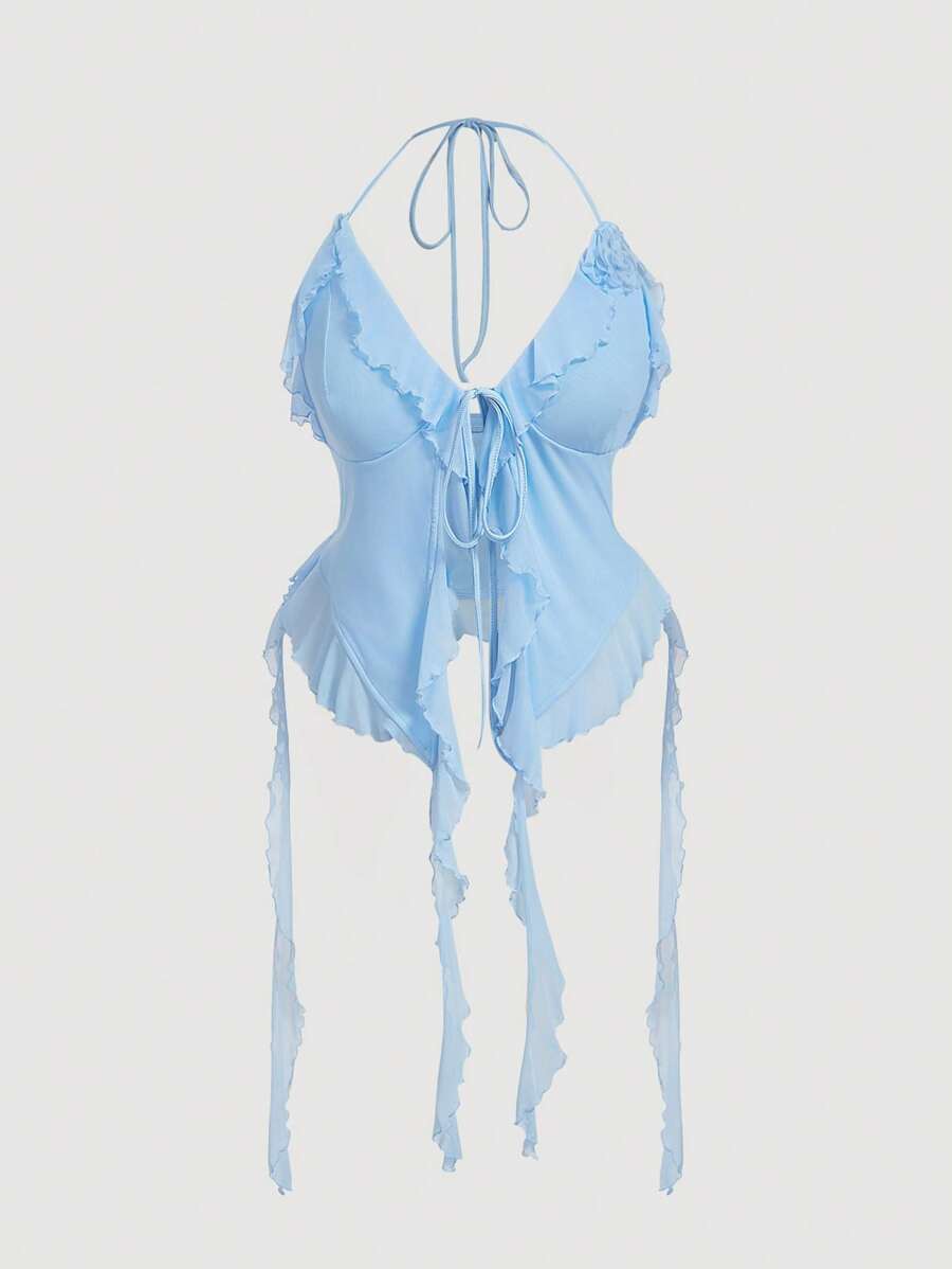 SHEIN MOD Plus Size Romantic White Ruffle Ribbon 3D Floral Design Halter Top Blue - Blue - View 1