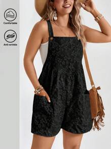 SHEIN LUNE Plus-Size Women'S Boho Summer Khaki Jacquard Fabric Sleeveless Suspenders With Side Pockets Designed For Everyday Casual Romper - Black - View 2
