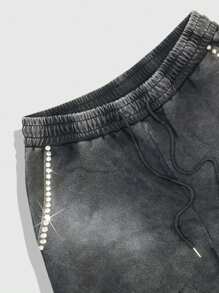 ROMWE MEN Street Life Men's Grunge Summer Fashion Washed Rhinestone Drawstring Waist Shorts - Black - View 4