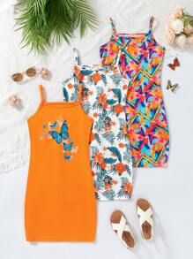 SHEIN 3pcs/Set Girls'Elegant Holiday Style Tie-Dye,Tropical Leaf,Butterfly Print Cami Dress,Orange,White,Pinkandyellow,Tropical,Summer,Beach,Vacation - Multicolor - View 1