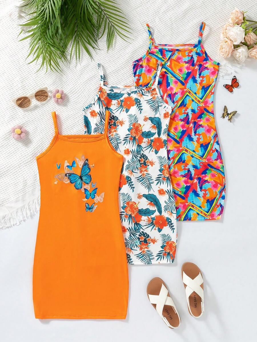 SHEIN 3pcs/Set Girls'Elegant Holiday Style Tie-Dye,Tropical Leaf,Butterfly Print Cami Dress,Orange,White,Pinkandyellow,Tropical,Summer,Beach,Vacation - Multicolor - View 1
