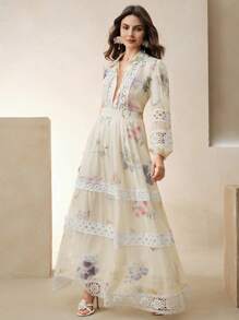 Anewsta Conjunto de 2 piezas con blusa de manga larga con estampado floral y aplicaciones de encaje, y falda midi en línea A, conjunto elegante para mujer, para primavera, festivales, vacaciones