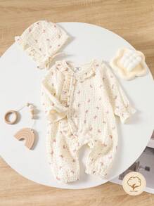 SHEIN Baby Girl Polka Dot Bow Print Ruffled Long Sleeve Loose Casual Jumpsuit - Khaki - View 1