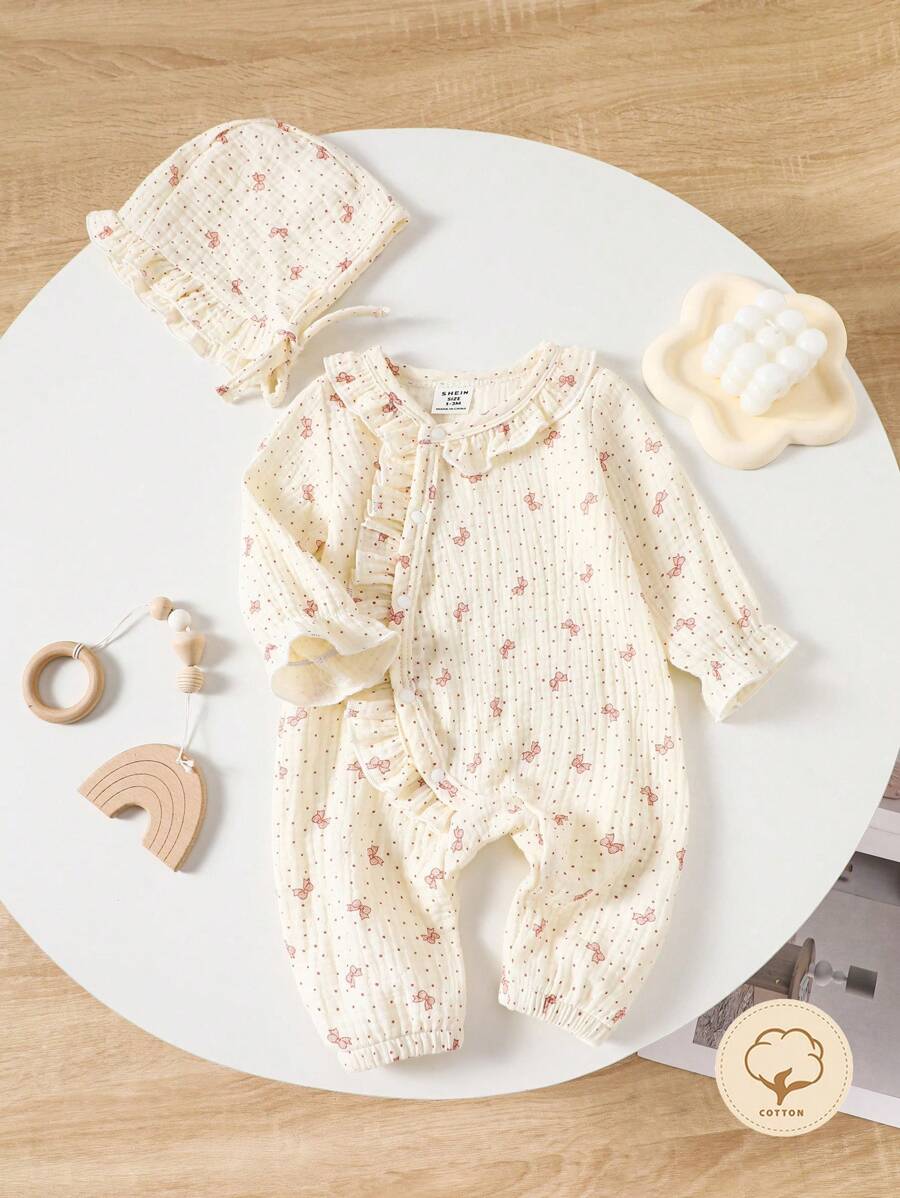 SHEIN Baby Girl Polka Dot Bow Print Ruffled Long Sleeve Loose Casual Jumpsuit - Khaki - View 1