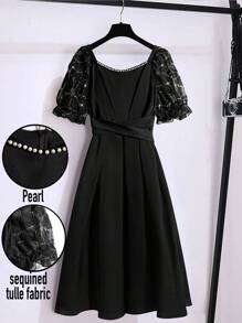 SHEIN Clasi Plus Size Short Sleeve Dress, Fashion Suitable For Summer - Black - View 1