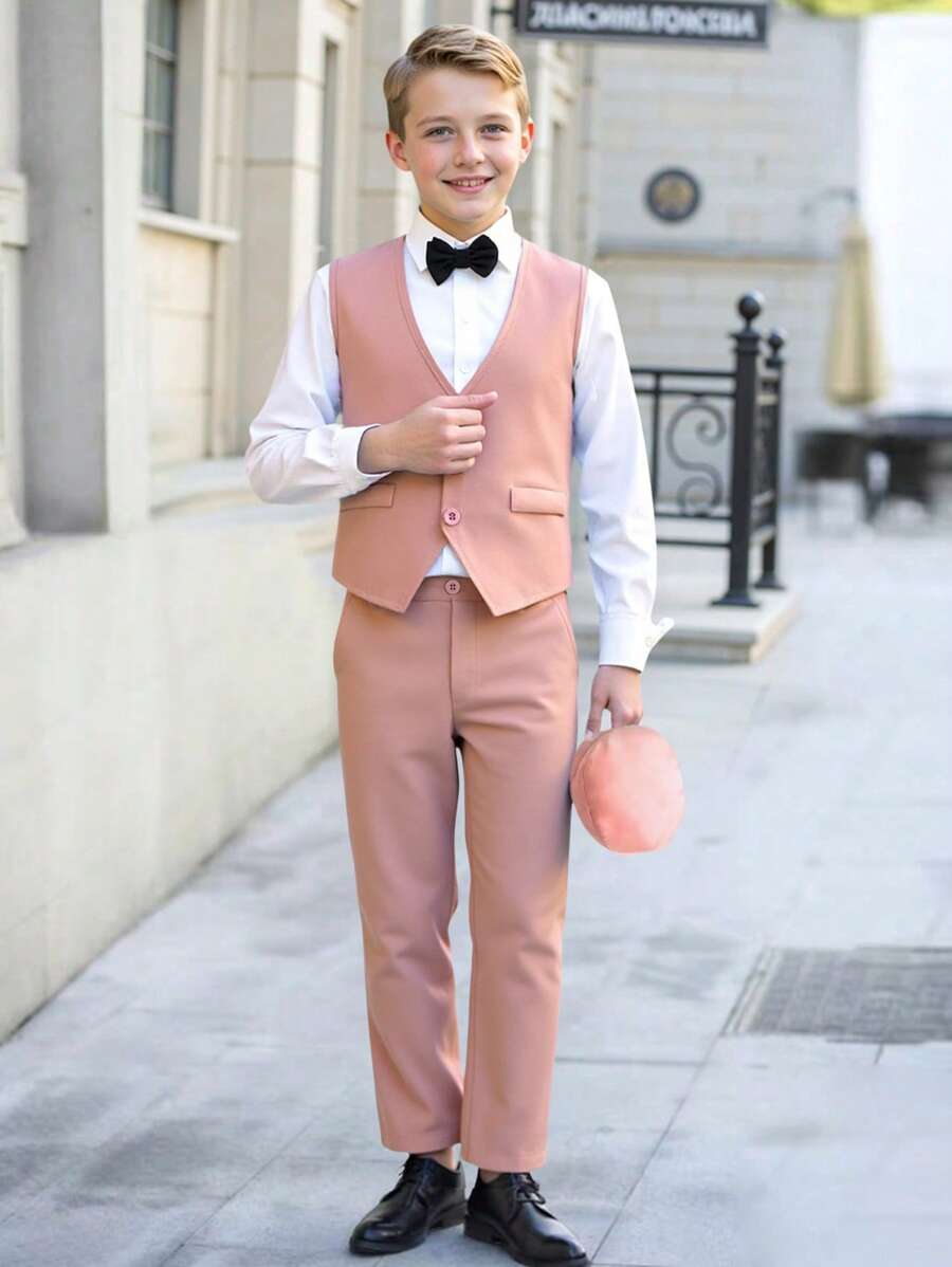 SHEIN Tween Boy 3Pcs Gentleman Outfit - Vest+Long Pants+Hat, Formal Suit For Birthday Party, Wedding, Anniversary, Valentine's Day, Christmas