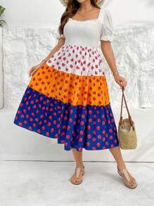 SHEIN Essnce Plus Size Women's Spring And Summer Fashion Casual Loose Comfortable Cute Square Neck Waist Short Sleeve Multicolor Floral Mid-Length Dress,Curve Cute Dress,Sun Dress,European Summer,Tea Party Dress,Beach Vacation Outfits,Vacation Outfits Woman,Bohemia,Mom And Daughter Clothes - Multicolor - View 2