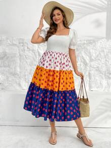 SHEIN Essnce Plus Size Women's Spring And Summer Fashion Casual Loose Comfortable Cute Square Neck Waist Short Sleeve Multicolor Floral Mid-Length Dress,Curve Cute Dress,Sun Dress,European Summer,Tea Party Dress,Beach Vacation Outfits,Vacation Outfits Woman,Bohemia,Mom And Daughter Clothes - Multicolor - View 4