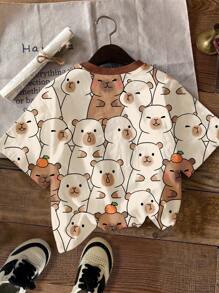 SHEIN Cute Capybara Graphic, Muted Color Scheme, Young Girl Casual Minimalist Round Neck Short Sleeve T-Shirt, Suitable For Summer - Multicolor - View 2