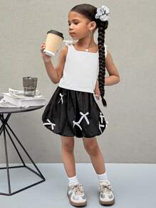 2 Stücke/Set Gestricktes Einfarbig Tank Top für Kleine Mädchen mit gewobener Blumen-Tüllrock