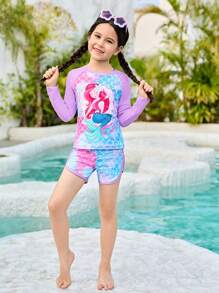 Mermaid Print Long Sleeve Swimsuit Set, Purple, Vibrant Fish Scale Pattern Allows Kids To Swim Through Fairy-Tale Underwater World