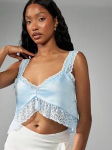MISSGUIDED Lace Trim Satin Camisole Crop Top Bustier Style Summer Sleeveless Tank Essential Y2K Fashion Cami Top Evening Party Club Wear