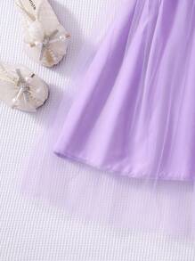 Sparklyn 荷叶边罗纹网纱圆领公主风夏季休闲连衣裙，配腰带，适合少女 - 紫色 - 查看 3