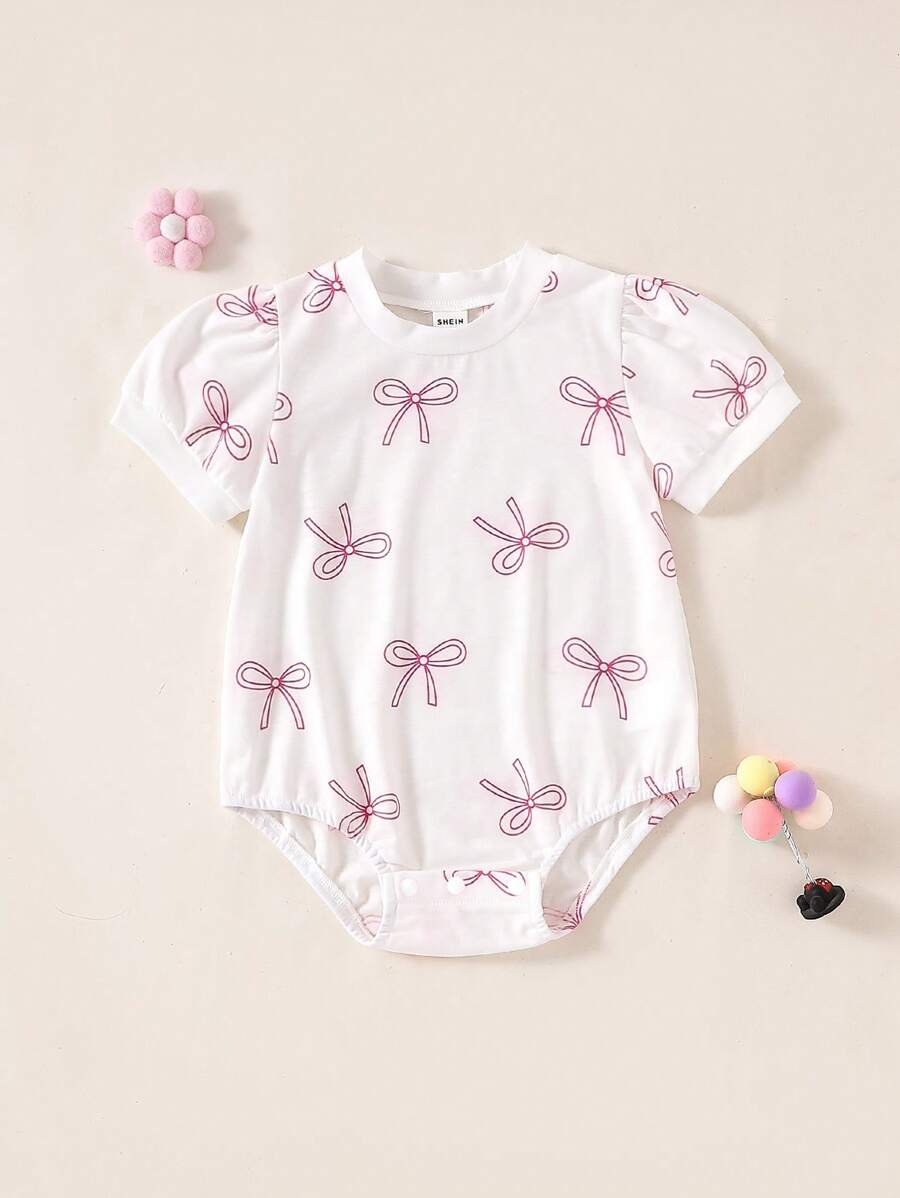 Souflis Souflis Baby Girls' Cute Bow Print Knit Bodysuit With Bow, Casual Summer Korean Style - White - View 1