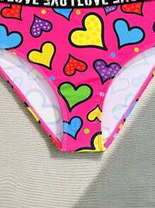 Tween Girl Heart Pattern Letter Print Swimsuit Set For Holiday Young Girls Sets Bathing Suit For Teenagers One Peice Bathing Suit For Teens Swimming Suits For Teens Girls Bathing Suit For Girls - Multicolor - View 3