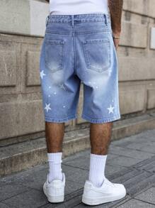 Manfinity Hypemode Men's Casual Star Print Denim Shorts, Summer College Going Out Urban Hang Out National Park