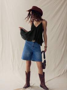 SHEIN LUNE 美式波西米亚风荷叶边黑色吊带上衣嬉皮士装束锐舞装束西部女装嬉皮士音乐会上衣 - 黑色 - 查看 2