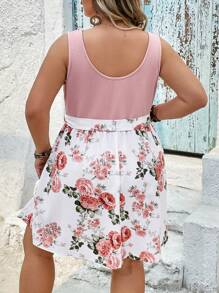 SHEIN CURVE+ 大码波西米亚风格拼色花卉印花夏装，Curve Plus，波西米亚风格女士度假海滩装/沙滩裙/海滩度假装/海滩必备品/毕业/茶会礼服 - 粉色 - 查看 2