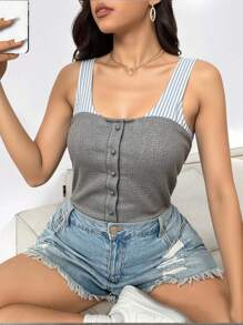 SHEIN EZwear Plus Size Women Stripe Splicing 2 In 1 Top, Casual For Summer - Multicolor - View 3